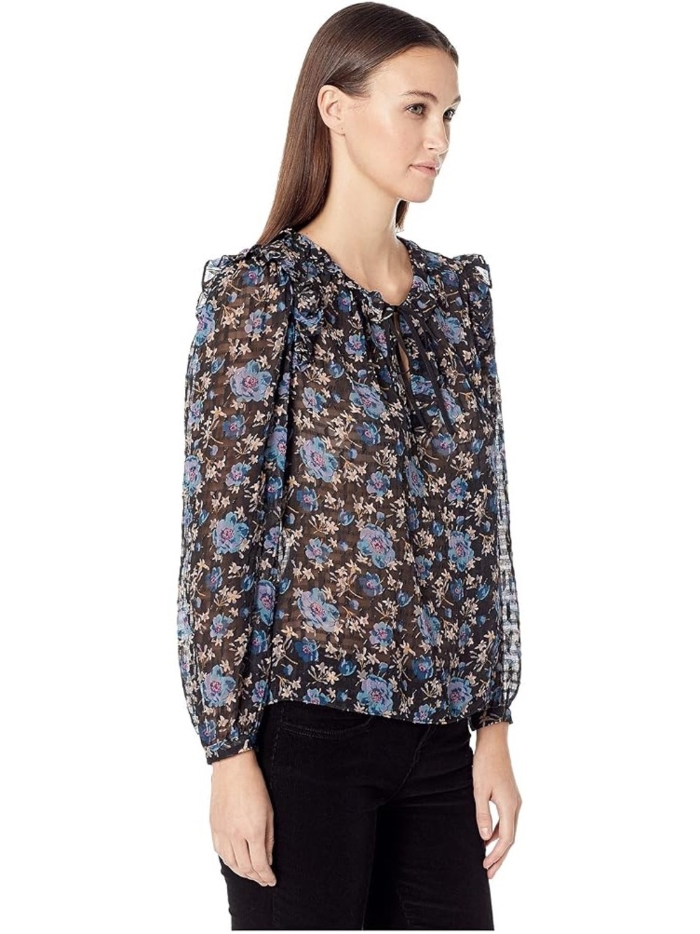 Rebecca Taylor silk Black Sheer Floral Ruffle Tie-Neck Blouse